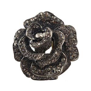 Dark Silver Tone Bejeweled Flower Stretch Cocktail Ring